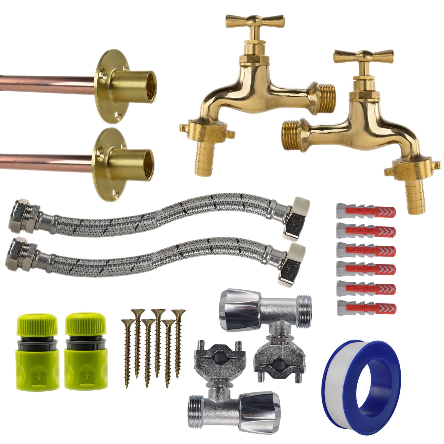 AP Supplies Polished Brass 13mm Barb Tap FULL Connection Kit x2