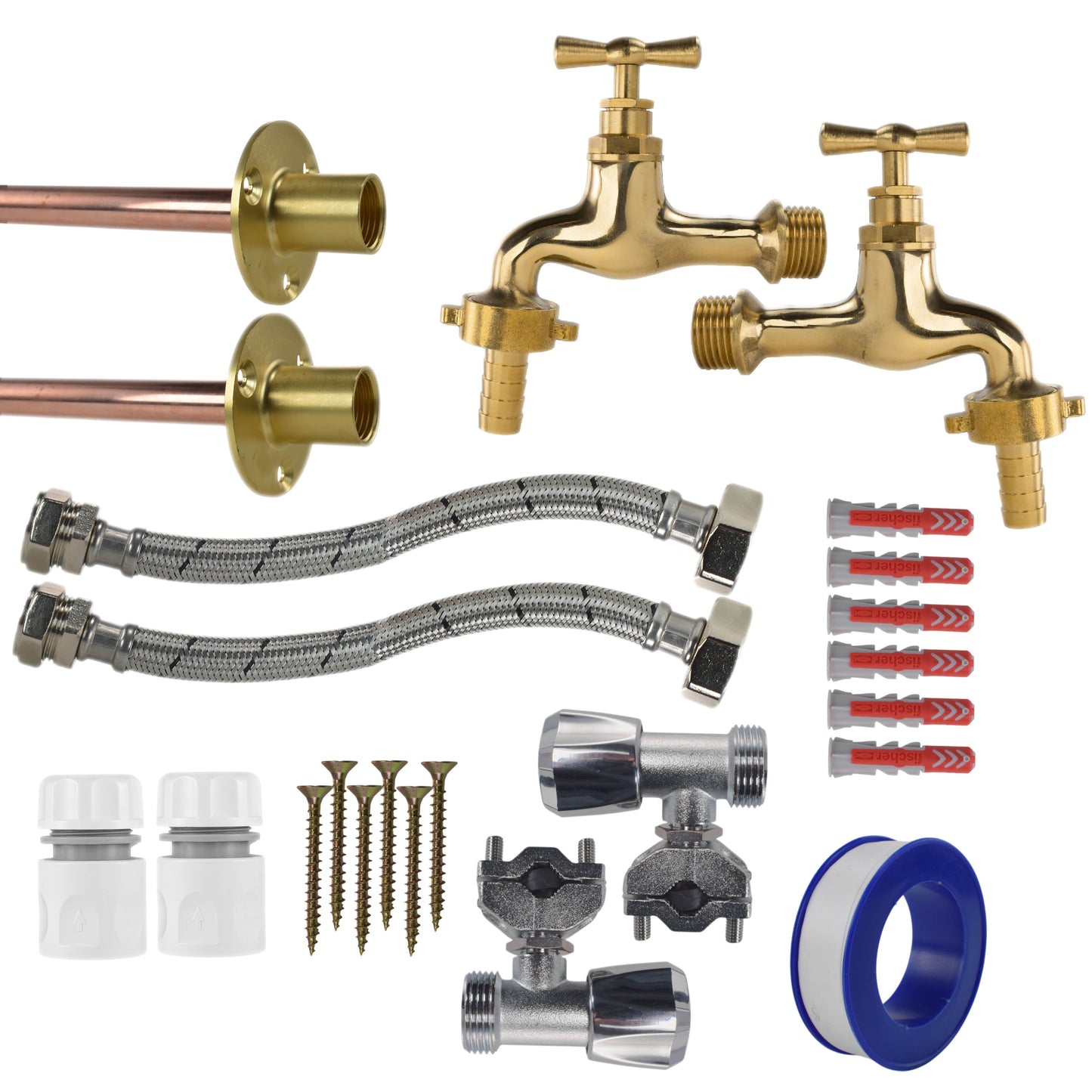 AP Supplies Polished Brass 13mm Barb Tap FULL Connection Kit x2