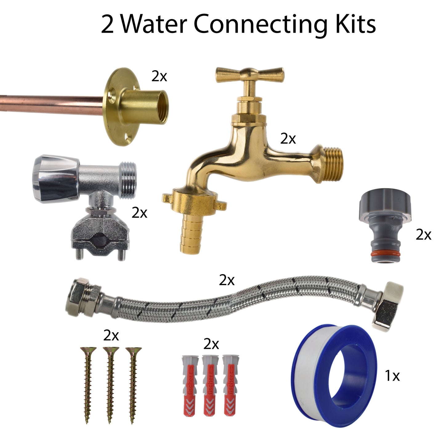 AP Supplies Polished Brass 13mm Barb Tap FULL Connection Kit x2 - Kit with Lime Line Hose Connector