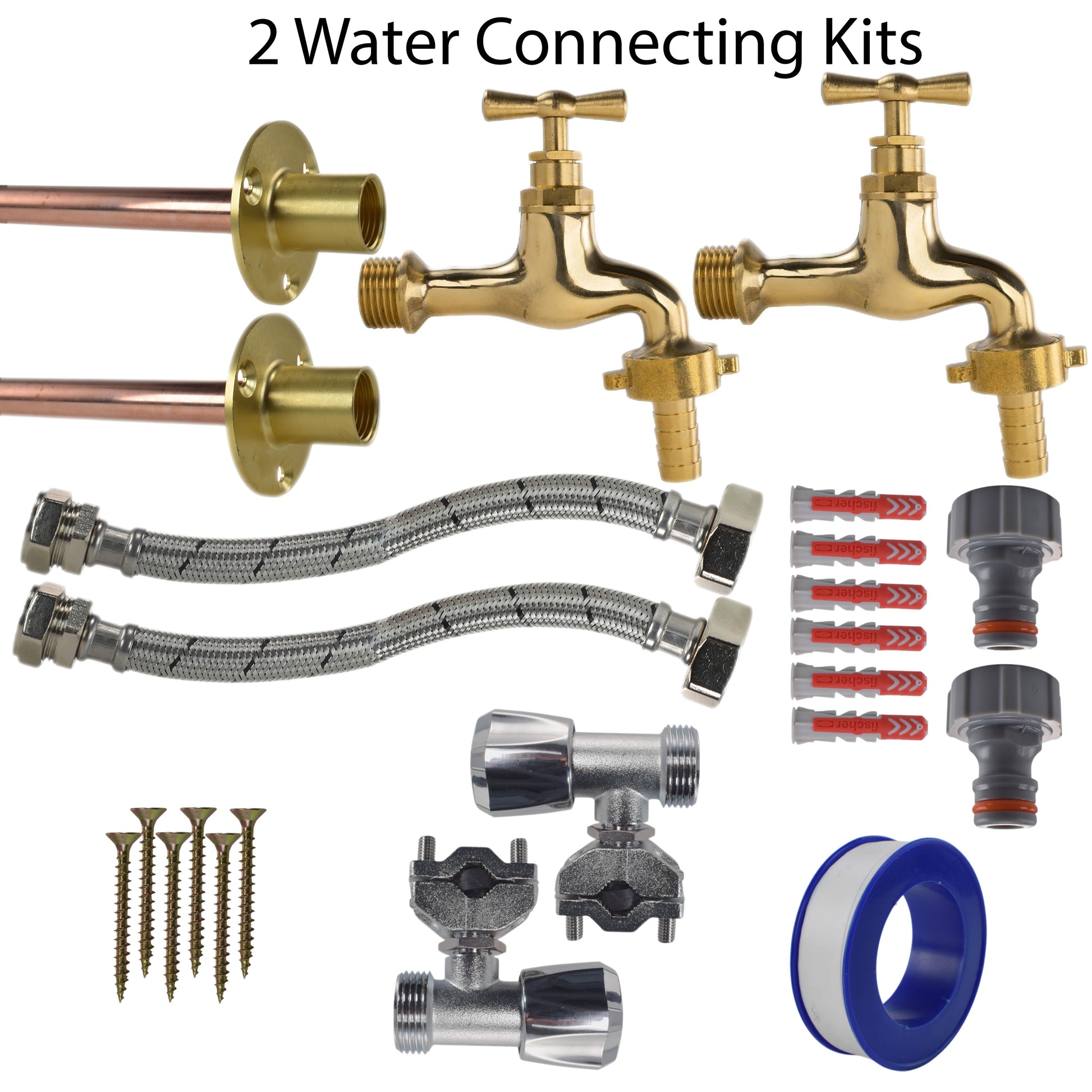 AP Supplies Polished Brass 13mm Barb Tap FULL Connection Kit x2 - Kit with White Line Hose Connector