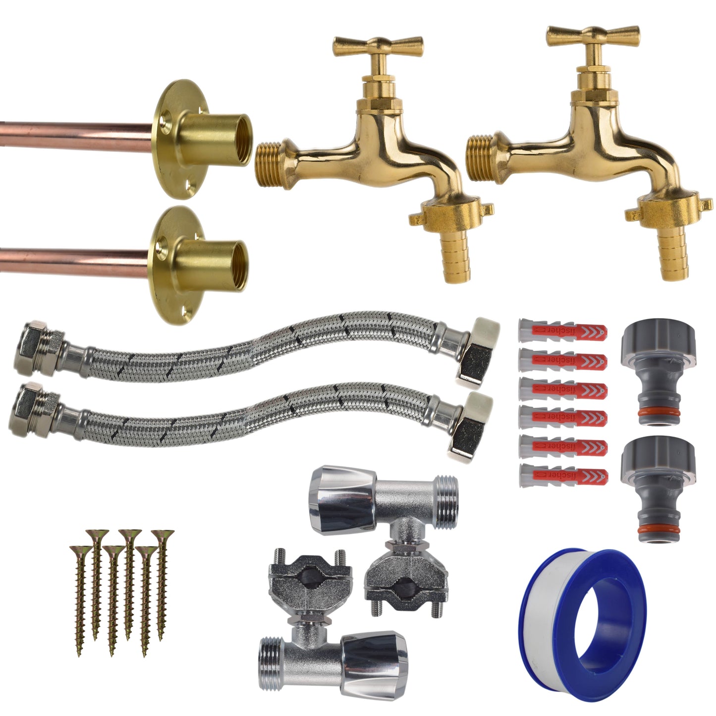AP Supplies Polished Brass 13mm Barb Tap FULL Connection Kit x2 - Polished Brass 13mm Barb Full Tap Kit x2