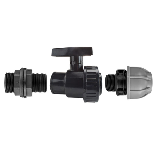 AP Supplies 1” BSP Water Butt Fitting with Full Flow PP Valve and 32mm MDPE Fitting