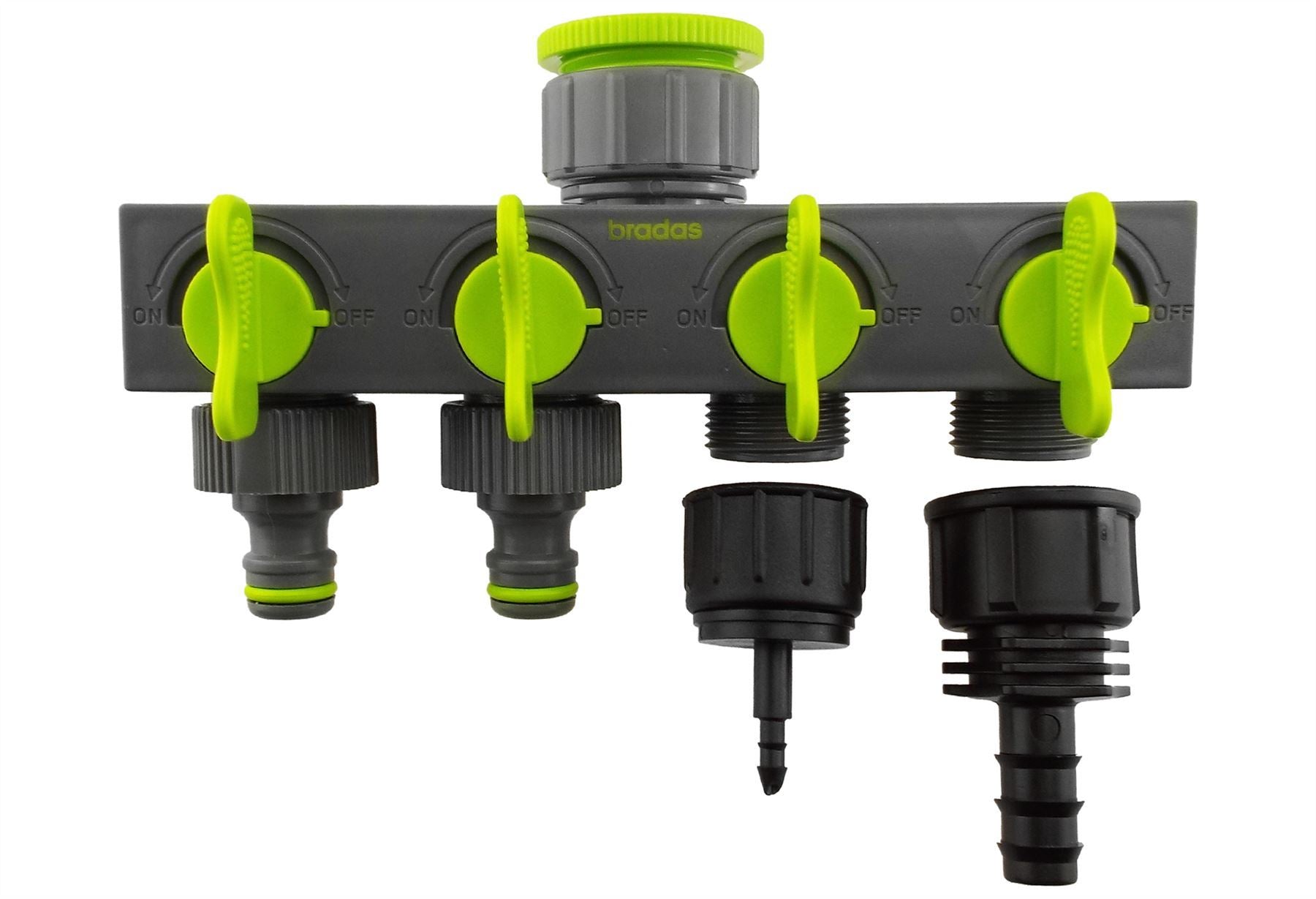 AP Supplies 4-Way Valved Splitter Lime with Two Quick Connect, 4mm Barb and 16mm Barb Outlet