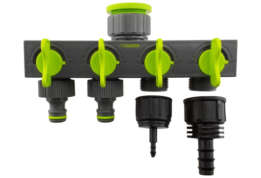 AP Supplies 4-Way Valved Splitter Lime with Two Quick Connect, 4mm Barb and 16mm Barb Outlet