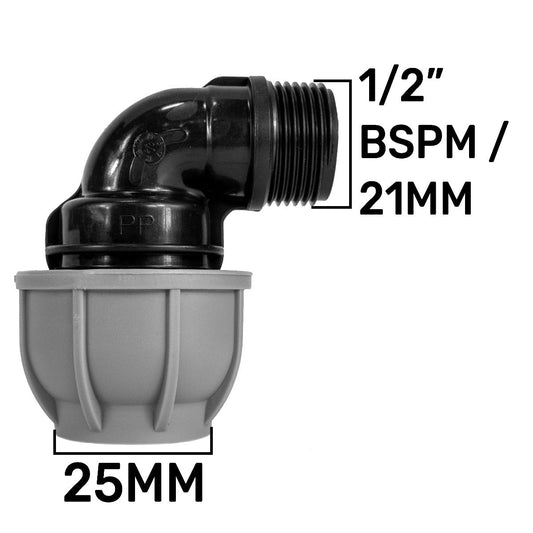 MDPE Elbow 25mm - 1/2in BSPM Drip Irrigation Fitting Pipe and Water Fitting