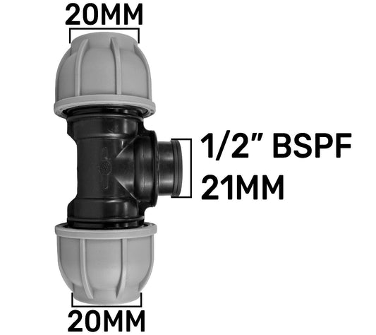MDPE Tee 20mm - 1/2in BSPF - 20mm Drip Irrigation Fitting Pipe and Water Fitting