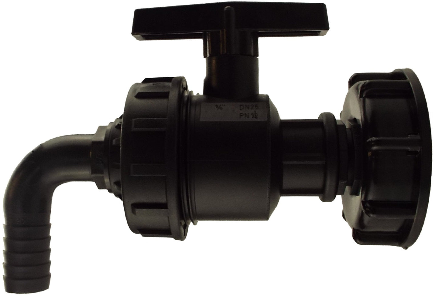 IBC 2 S60X6 Cap with Large Plastic Valve and 16mm Barbed Elbow Hose Pipe Fitting