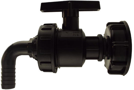 IBC 2 S60X6 Cap with Large Plastic Valve and 16mm Barbed Elbow Hose Pipe Fitting