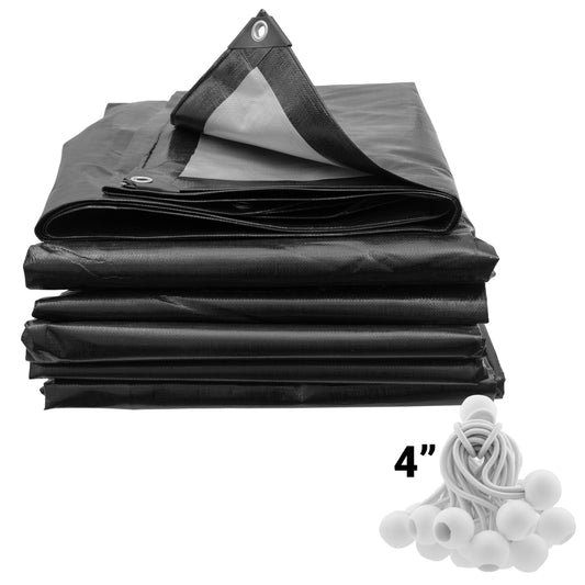 AP Supplies Black/Silver L-Grade Tarpaulin with 20 x 4" Bungee Balls (White) - 1m x 1m