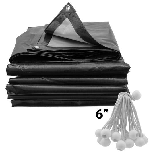 AP Supplies Black/Silver L-Grade Tarpaulin with 20 x 6" Bungee Balls (White) - 1m x 1m
