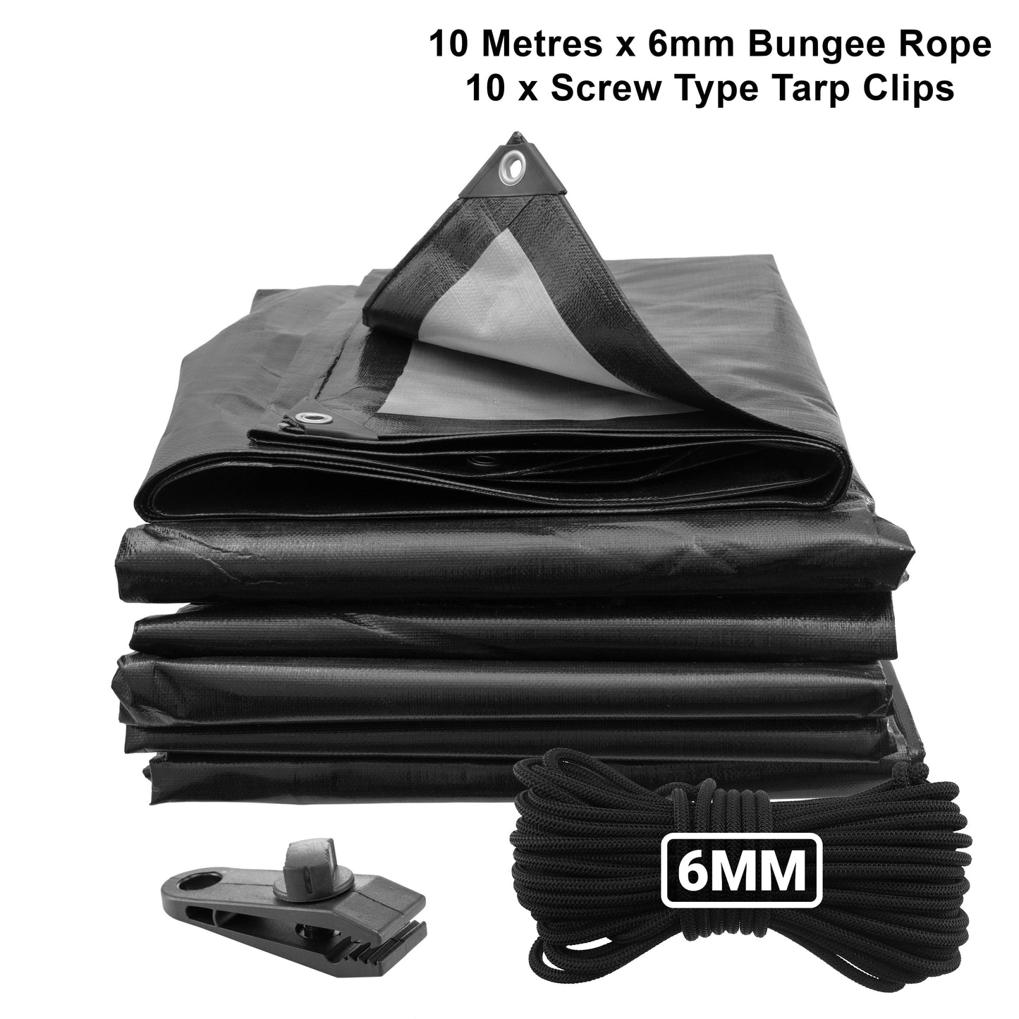 AP Supplies Black/Silver L-Grade Tarpaulin with 10m of 6mm Bungee Rope and 10 x Screw Type Tarp Clips - 1m x 1m