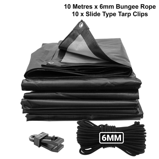 AP Supplies Black/Silver L-Grade Tarpaulin with 10m of 6mm Bungee Rope and 10 x Slide Type Tarp Clips - 1m x 1m