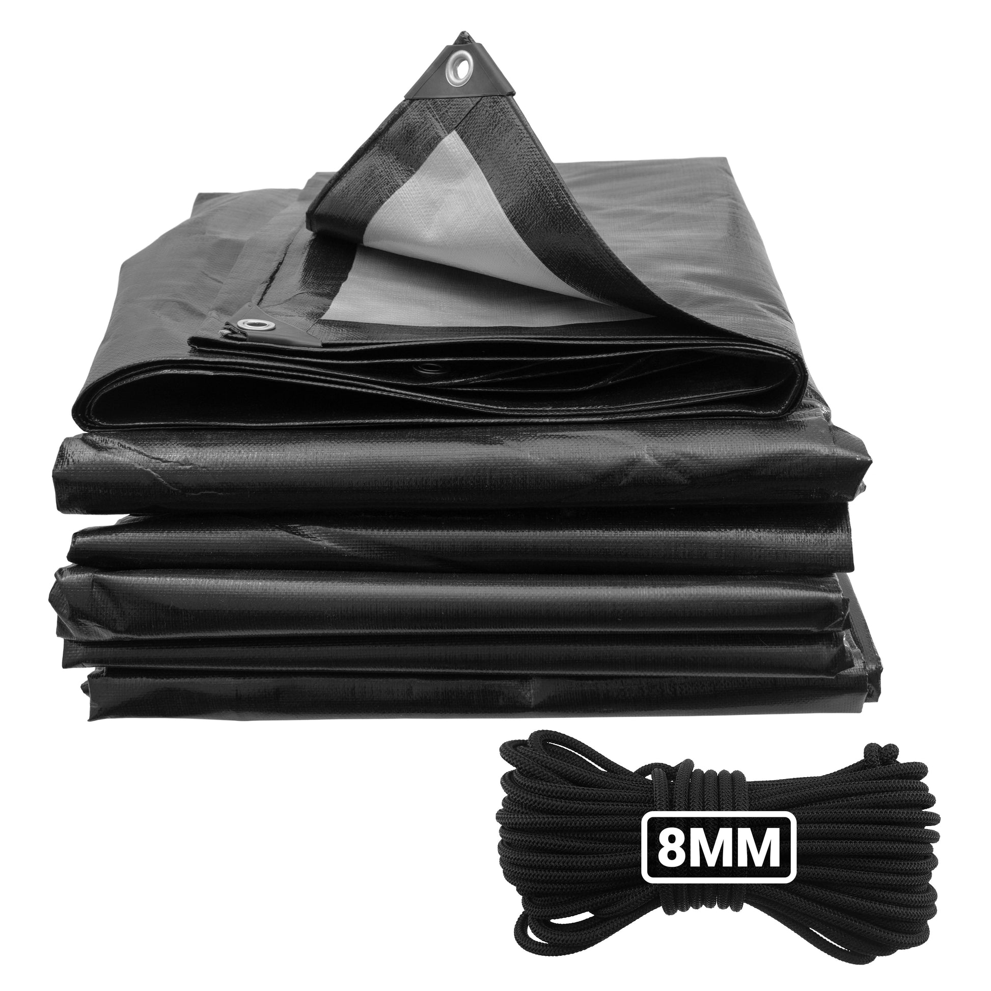AP Supplies Black/Silver L-Grade Tarpaulin with 10 Metres of 8mm Bungee Rope - 1m x 1m