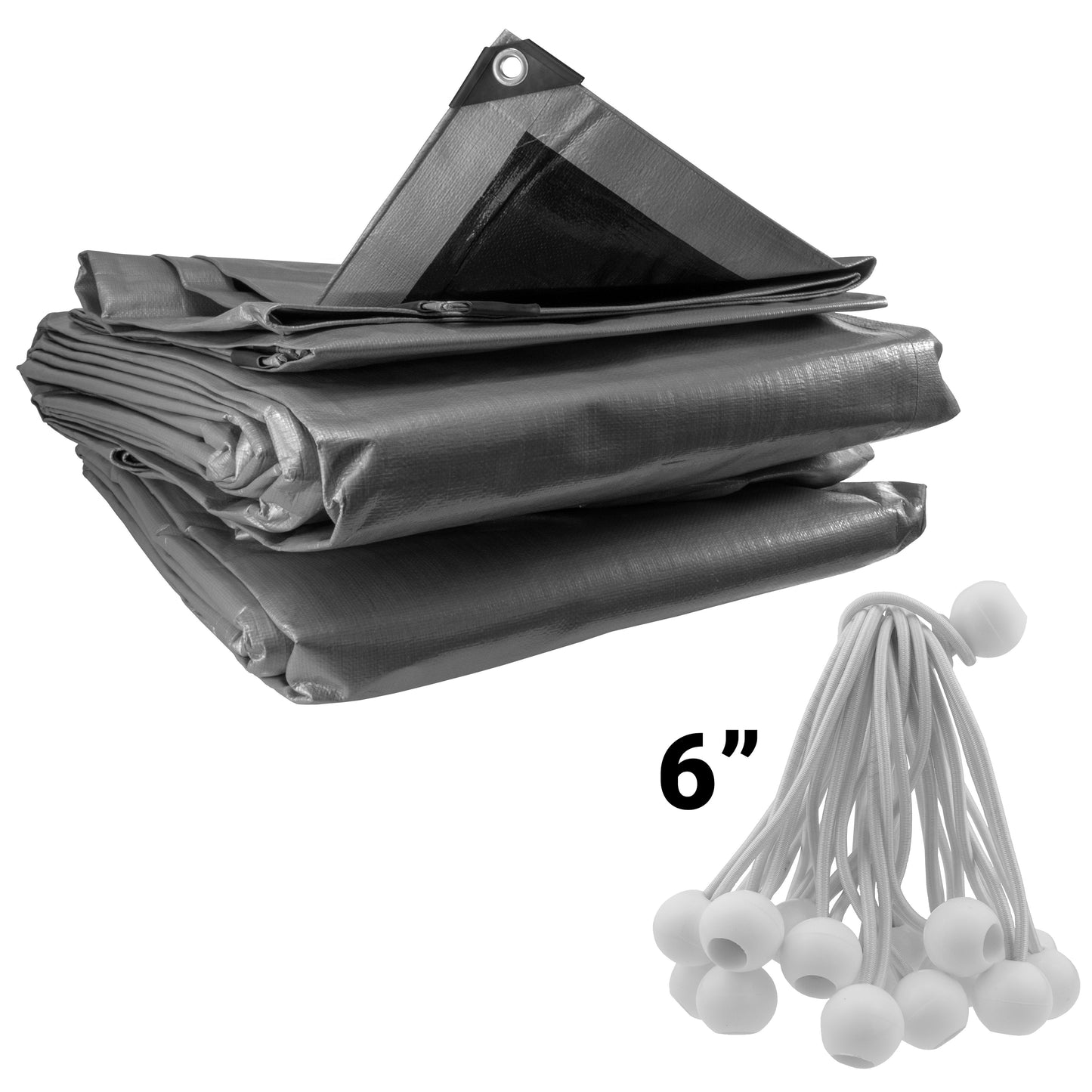 AP Supplies Silver XL-Grade Tarpaulin with 20 x 6" Bungee Balls (White) - 0.65m x 0.65m