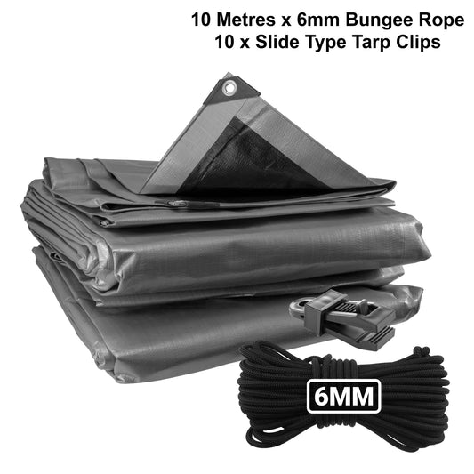 AP Supplies Silver XL-Grade Tarpaulin with 10m of 6mm Bungee Rope and 10 x Slide Type Tarp Clips - 0.65m x 0.65m