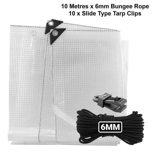AP Supplies Clear XL-Grade Tarpaulin with 10m of 6mm Bungee Rope and 10 x Slide Type Tarp Clips - 0.65m x 0.65m