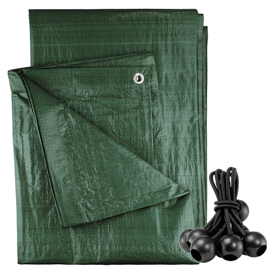AP Supplies Green M-Grade Tarpaulin with 10 x Bungee Balls (Black) - 1m x 1m