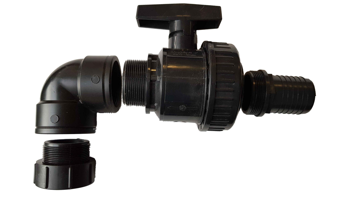 IBC 2 S60X6 Cap with Large Plastic Valve, 2 BSP Elbow and 50mm Barb Straight