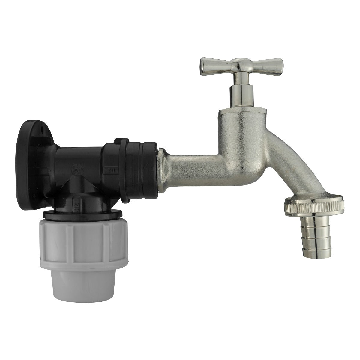 Wall Flange Kit 20mm MDPE + Bib Nickle Tap 1/2in Barb Tap Adapter Barb Connector