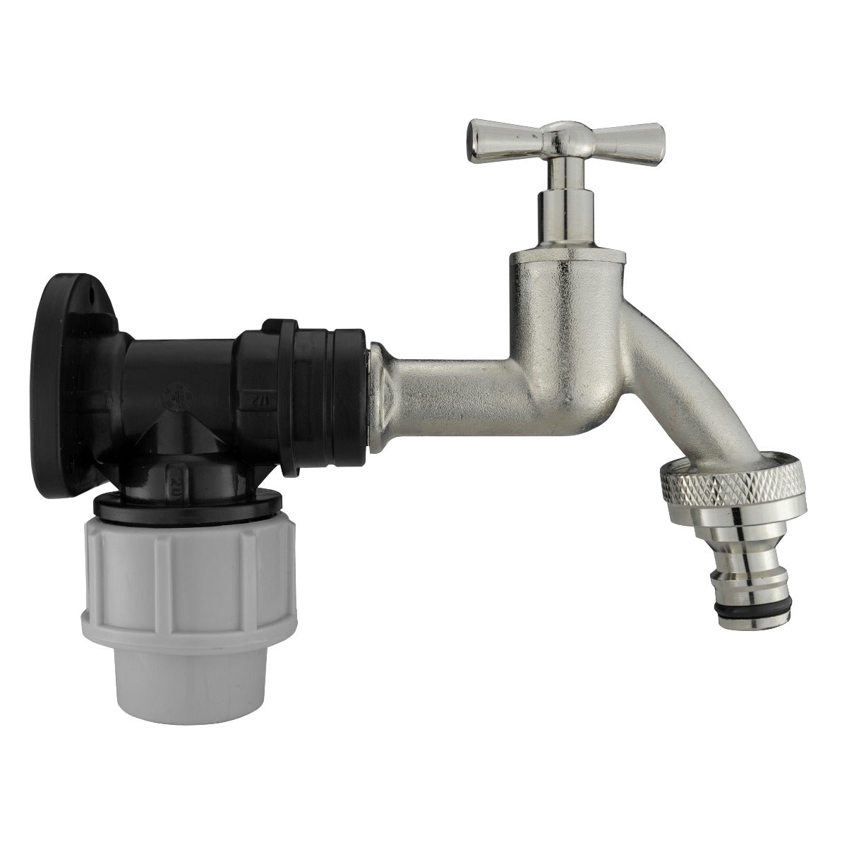 Wall Flange Kit 20mm MDPE + Bib Nickle Tap and Snap On for Garden Irrigation Kit