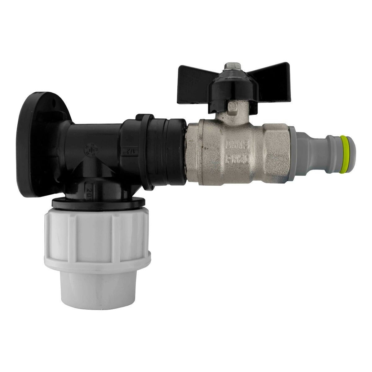 Wall Flange Kit 20mm MDPE - Bib Valve 1/2inBSP and Snap On for Hose Pipe Fitting