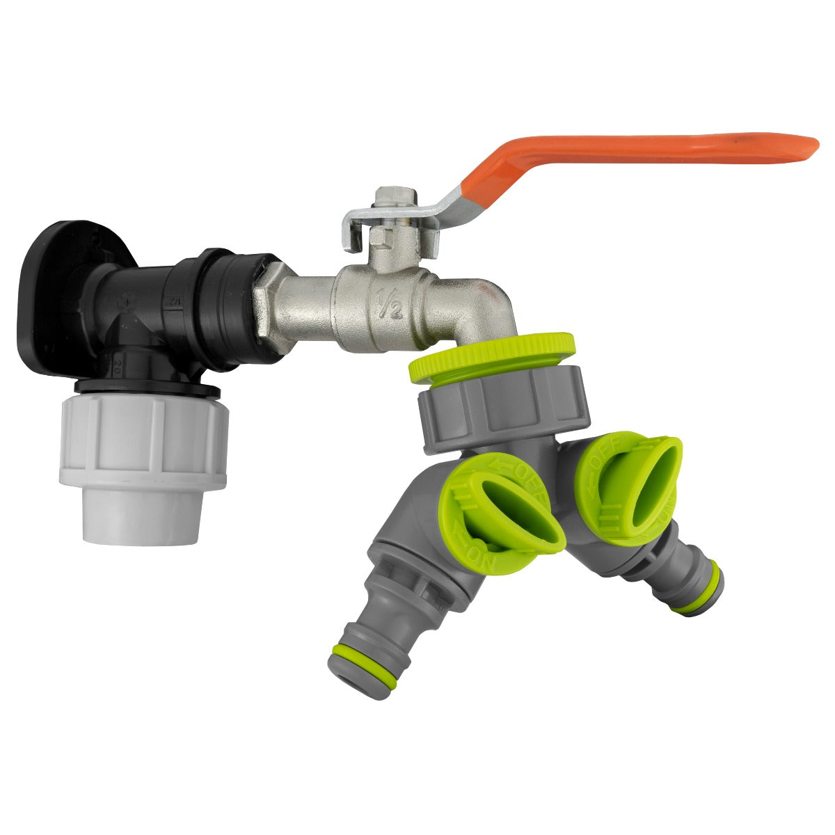 Wall Flange Kit 20mm MDPE - Lever Tap and Two Way Splitter for Hose Pipe Fitting