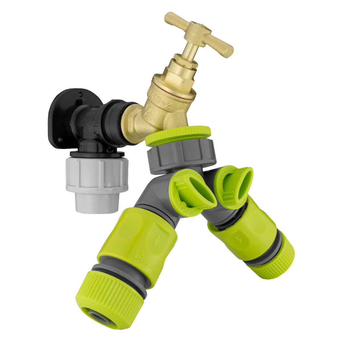 Wall Flange Kit 20mm MDPE - Brass Tap and Two Way Splitter and Connectors