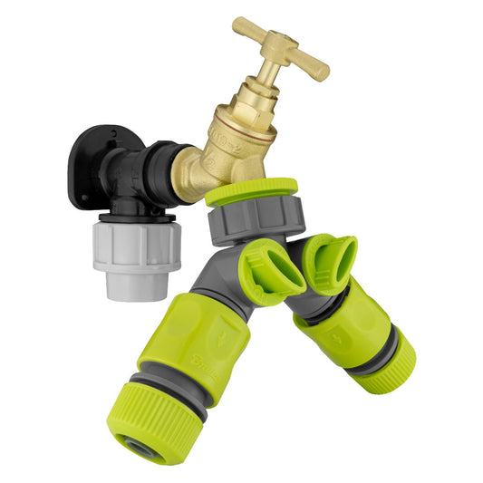 Wall Flange Kit 20mm MDPE - Brass Tap and Two Way Splitter and Connectors