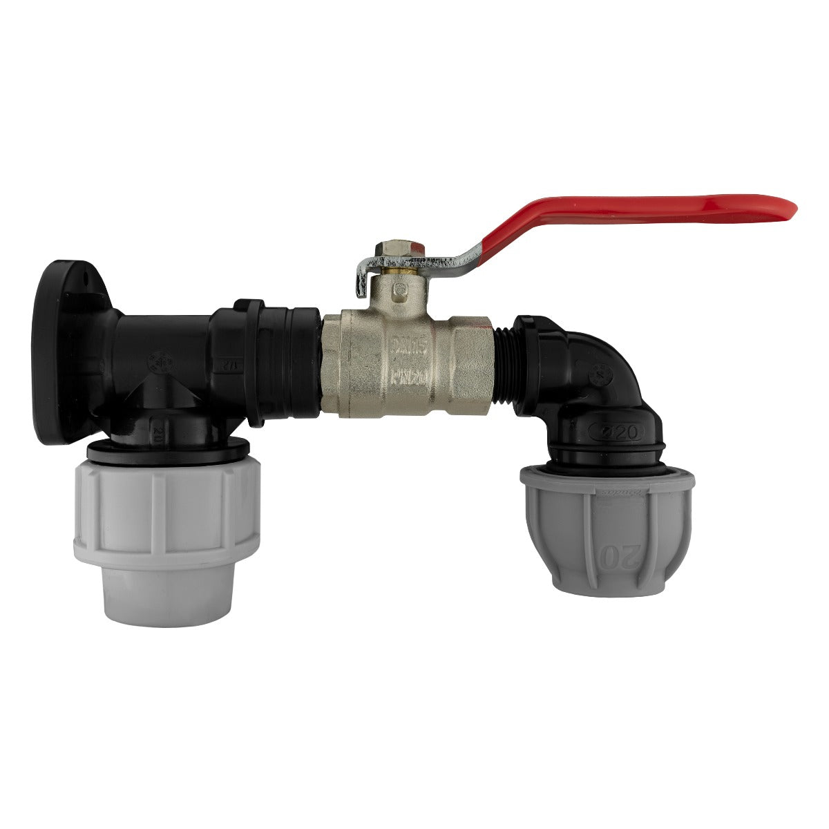Wall Flange Kit 20mm MDPE - Lever Valve and 20mm MDPE Elbow Outlet Tap Adapter