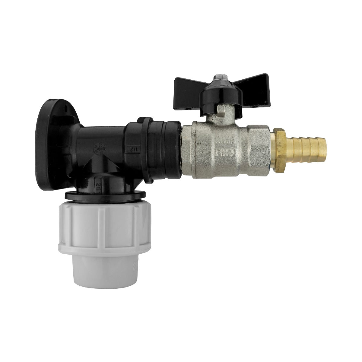 Wall Flange Kit 20mm MDPE - Bib Valve + Brass 13mm Barb for Brass Water Fitting